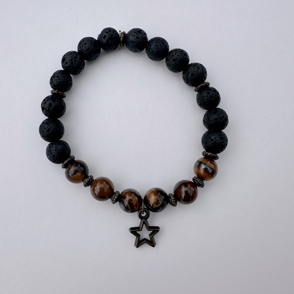 Tiger’s Eye and Lava Stone Beaded Bracelet with Star Charm